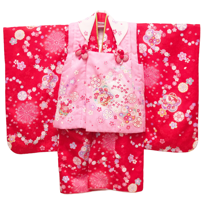 176三歳用着物（赤にピンクの被布）